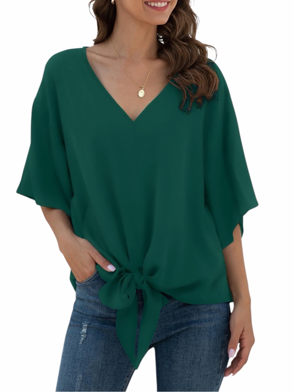 V-Neck Tie-Front Blouse - Green